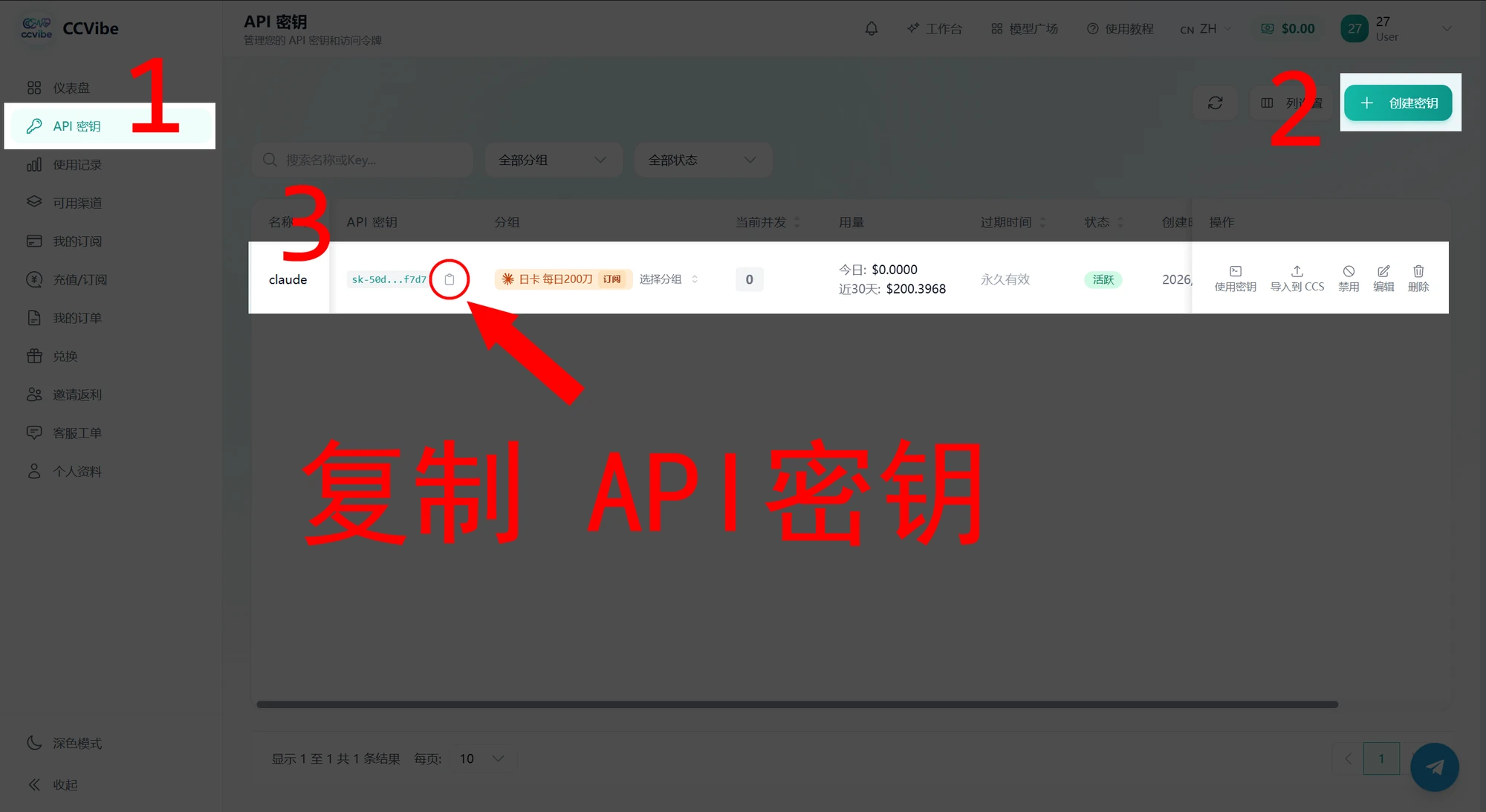 创建并复制 CC Vibe 的 API 密钥